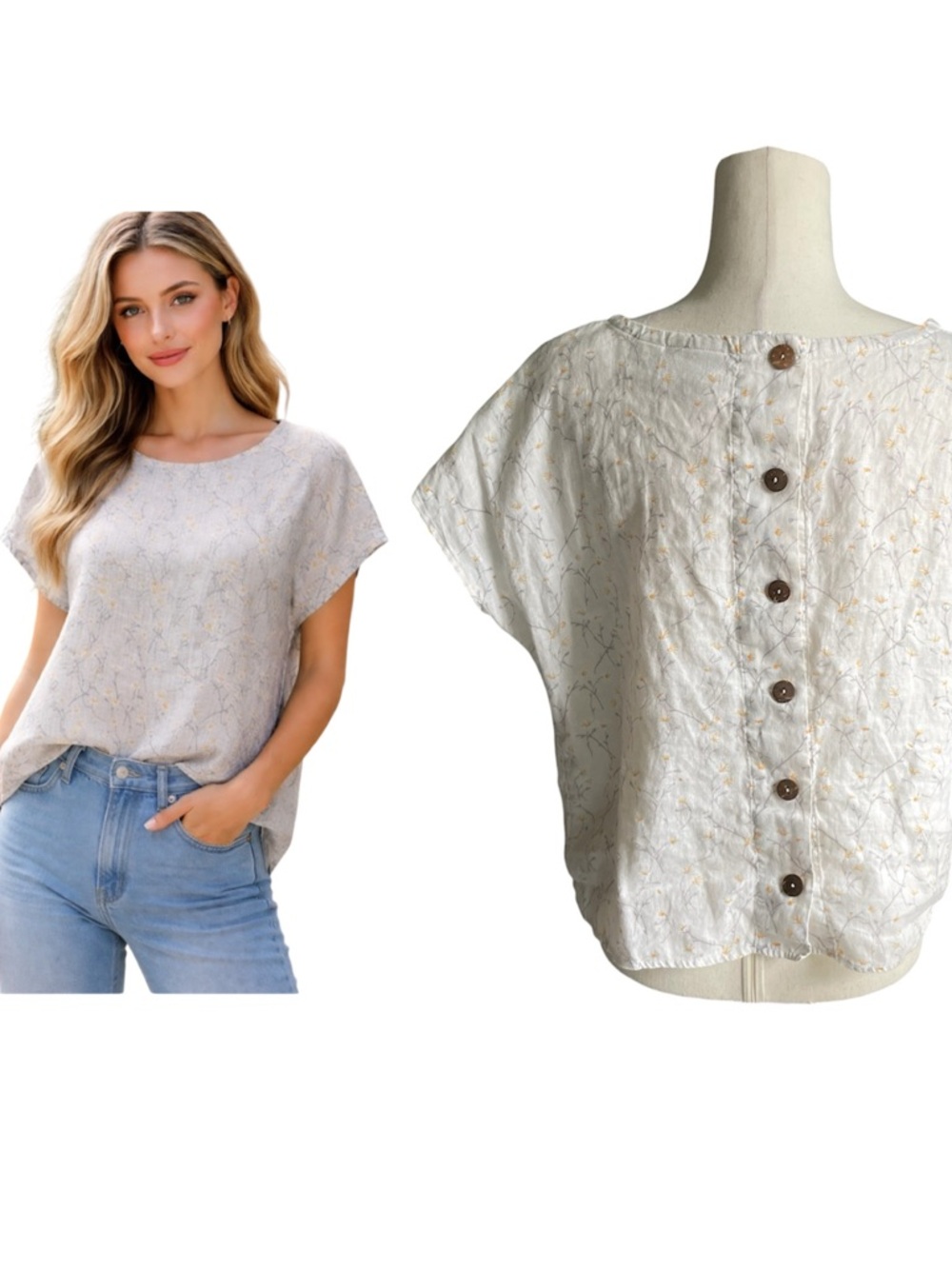 Cynthia Rowley 100% linen Button-Back Short Sleeve Floral Top in Cream S
